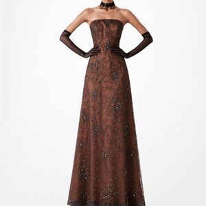 Vintage Brown Floral Beaded Strapless Fit Flared Mesh Maxi Formal Prom Dress M